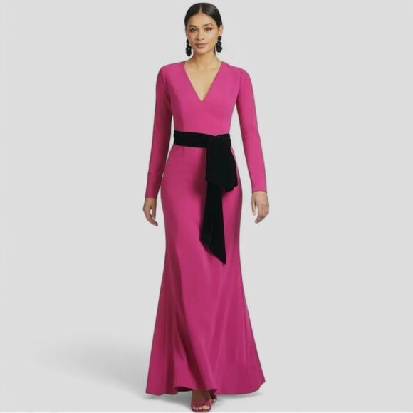 Sachin & Babi Vivian Gown Size 2 Belted Bow Pink Topaz Long‎ Sleeve V-Neck - Picture 1 of 11